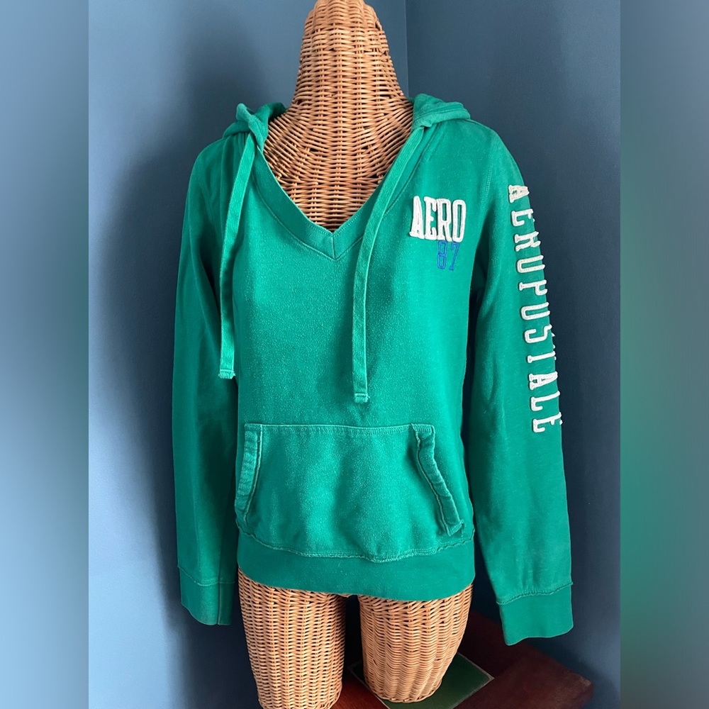 Aeropostale Green V-Neck Pullover Hoodie Drawstring Hood Size Large